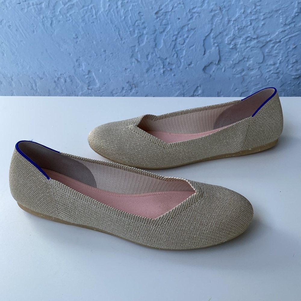 Rothy's Beige Flats with Pink Lining and Blue Trim